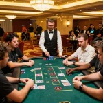 Players engaged in a thrilling blackjack game at LV88 Casino, showcasing intense gambling strategy.