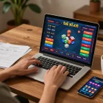 Engaging in tài xỉu online with a warm home setup, displaying vibrant game interface and strategic notes.