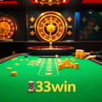 Players strategize at a luxurious blackjack table in the casino scene featuring 33win branding.