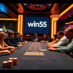 Exciting gameplay at win55 poker table with vibrant chips and luxurious casino ambiance.