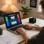 Engaging in online casino gaming with nhà cái uy tín Sunwin on a laptop, showcasing poker strategy.
