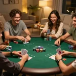 Friends enjoying an exciting poker game night with keonhacai strategies visible on the table.