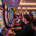 VMAX players celebrating a win while engaging with vibrant slot machines in a lively casino.