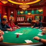 Engaging players at a high-stakes poker table in a luxurious casino setup featuring https://ga888v.net/.