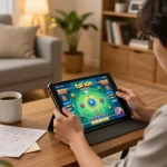 Tài xỉu sunwin gameplay on a tablet in a cozy home environment highlighting strategic engagement.