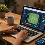 Engaged player reviewing keonhacai sports betting odds on laptop at home for responsible gaming