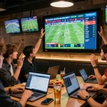 Excited bettors engaging with live scores on Nowgoal in a lively sports bar atmosphere.