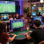 Exciting bk8 online casino gaming scene with friends engaging in sports betting and casino, vibrant atmosphere, colorful lighting.