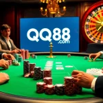 Engage with an exciting poker game at QQ88 COM showcasing vibrant poker chips and cards.