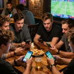 Engaged friends experience the thrill of sports betting with TIP88 app in a lively setting
