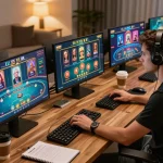 Person engaged in strategic online gaming at home, showcasing VSBET gaming interface and setup.
