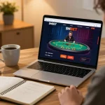 Person strategizing their bets on SHBET online casino interface in a cozy home setting