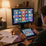 Engaging in slot gaming on a tablet in a cozy home environment with strategy notes.