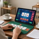 Player enjoying HDBET live dealer blackjack on a tablet in a cozy home environment.