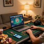 Playing km777 roulette in comfort with snacks and smartphone in a cozy home atmosphere