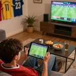 SHBET player engaging in live sports betting while enjoying a comfortable home setting
