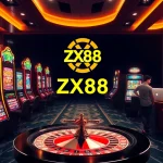 Engage in thrilling casino games at ZX88 with vibrant slot machines and poker chips.