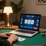 Player strategizing in an online poker game at home with king88 vina on screen, showcasing a blend of comfort and gaming expertise