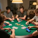 Engaged friends playing poker at home while using the BL555 app for strategic betting.