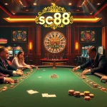 Gamblers enjoying a high-stakes poker game at a luxurious casino table featuring SC88 elements.