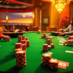 Engaged players strategizing in a thrilling pg88 poker game with vibrant casino elements.