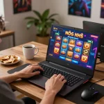 Nổ hũ game session on a laptop with cozy snacks, highlighting strategic online gambling.