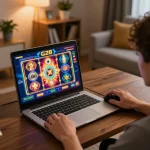 Player engaging in G28 online slot games on laptop, showcasing vibrant gameplay and home environment