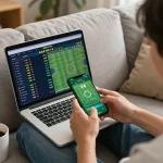 Gambler using smartphone for sports betting at nhà cái luck8 on a cozy couch, illustrating the ease of mobile gaming.