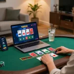 Engaging in live dealer blackjack online at sky88 with a laptop and smartphone in a cozy home setting.
