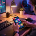 Person placing bets on the F8BET app in an energized home gaming setup.