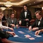Kong88 players engaged in intense poker game in a luxurious VIP casino room.