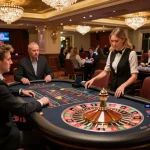 RR99 players engaged at a luxurious casino table with live dealer, showcasing excitement.