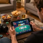 Engaged player using F8BET tablet in cozy home setup for online casino gaming experience.
