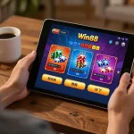 Experience the excitement of Win88 online gaming with a player using a tablet in a cozy setting.