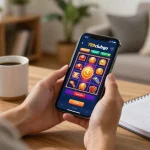 Player experiencing a winning moment on the 789clubgo mobile app with vibrant slot graphics in a cozy setting.