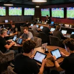 Cá cược Lucky88 with players engaging in sports betting at a modern lounge, lively atmosphere with multiple screens showing live events