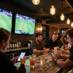 Patrons analyzing tỷ lệ nhà cái while placing bets in a stylish sports betting bar.