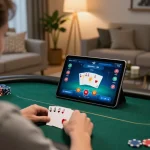 XIN88 user analyzing poker game on tablet at home, showcasing strategic betting.