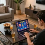 Player enjoying engaging online gameplay on 58wiin from the comfort of home, surrounded by snacks.