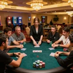 Intense poker gameplay scene showcasing nhacaiuytinn in action with players focused and chips stacked.
