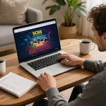 Engaging with SC88 online casino interface during a cozy gaming session at home.