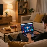 Player engaging with 789club online casino platform on laptop, enjoying a comfortable home environment.