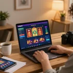 Engaging with 789win online casino games on a laptop in a cozy home office.