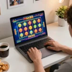 Engaging scene of a player enjoying max88 slots on a laptop, cozy home environment.