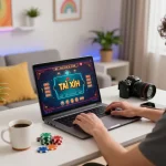 Tài Xỉu online gameplay on taixiuonline8, featuring colorful graphics and player engagement in a cozy home environment.