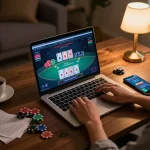Player analyzing blackjack strategy on a laptop during a cozy online gaming session, 122 different gaming options shown.
