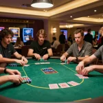 Players competing at a bayvip poker table, showcasing strategy and excitement in a lavish casino setting