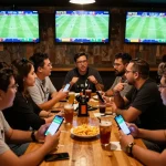 Engaged sports bettors using bongdalu88 app in a vibrant sports bar while watching live games