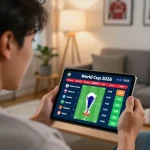 Person excitedly placing a bet on the World Cup 2026 odds at home using tylekeonhacai88.