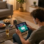 SIN88 online gaming action captured in a cozy home setup with a player focused on poker.